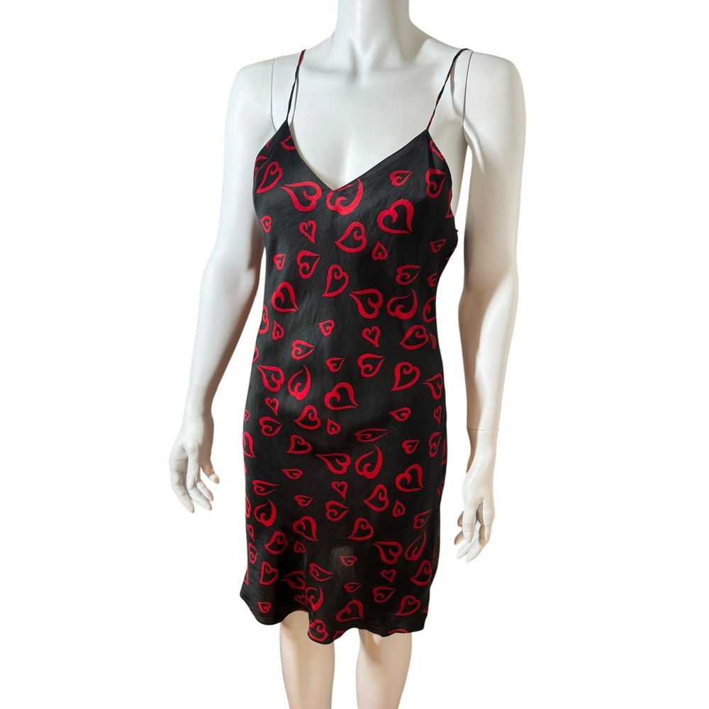 Vintage Romantico 100% Silk Slip Dress Red Hearts Black Mini‎ Lingerie Medium